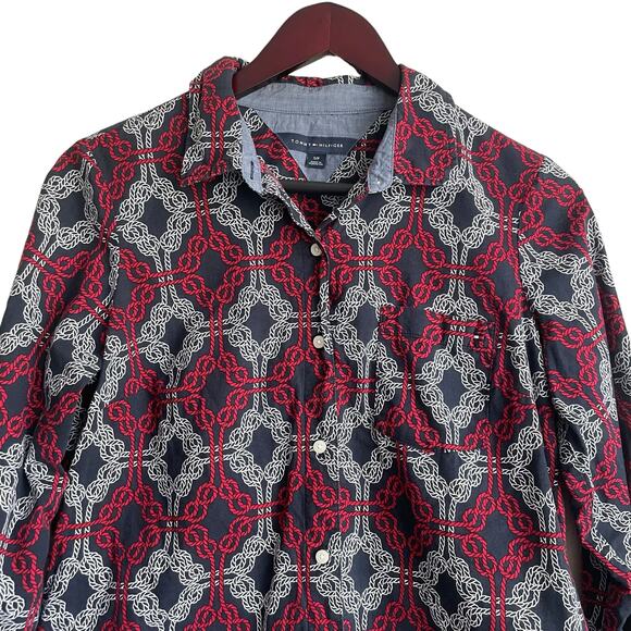 Tommy Hilfiger Women Top S Blue‎ Red Button Up Nautical Print Preppy Academia - Picture 5 of 10